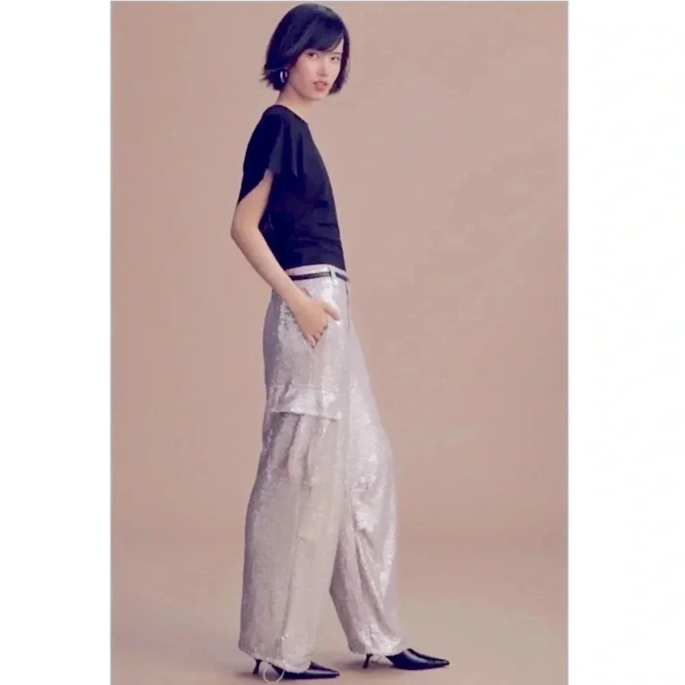 NWT Anthropologie Purple Silver Sequin Cargo Pull on Trouser Party Pants Size 2